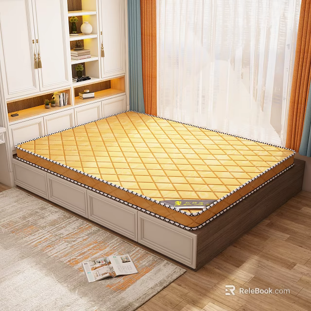 Yellow Diamond Pattern Mattress On Modern Bed Frame With Drawers In Bedroom 3d model 