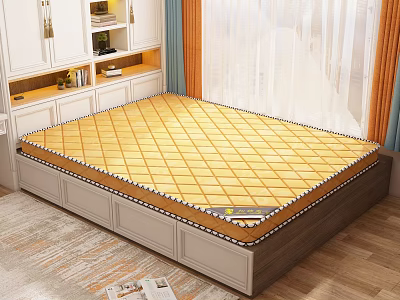Yellow Diamond Pattern Mattress On Modern Bed Frame With Drawers In Bedroom 3d model