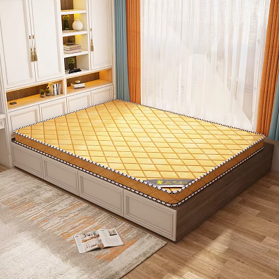 Yellow Diamond Pattern Mattress On Modern Bed Frame With Drawers In Bedroom 3d model