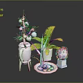 Various Potted Plants With Green Leaves Fruit Banana Leaves And Cactus In White Pots