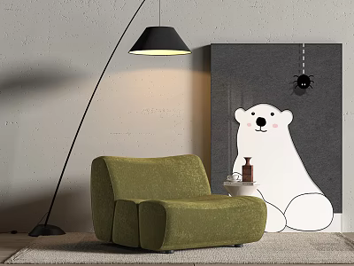 Green Velvet Single Sofa In Living Space With Floor Lamp Polar Bear Painting And Gray Wall 3d model