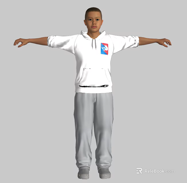 The Man in White Hoodie With Colorful Logo Gray Pants Arms Outstretched Against Gray Background 3d model 