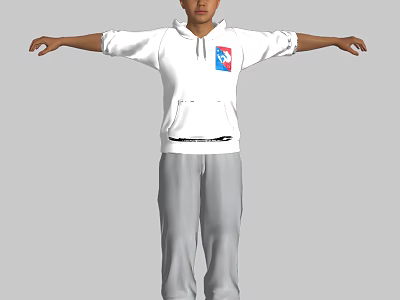 The Man in White Hoodie With Colorful Logo Gray Pants Arms Outstretched Against Gray Background 3d model
