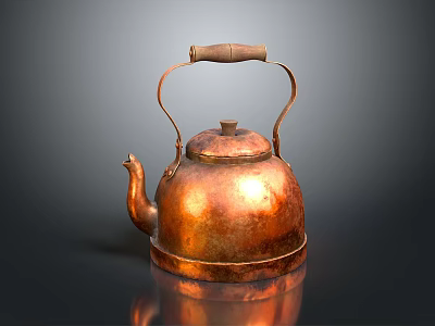Vintage Copper Kettle With Wooden Handle And Shiny Reflective Base For Home Use 3d model