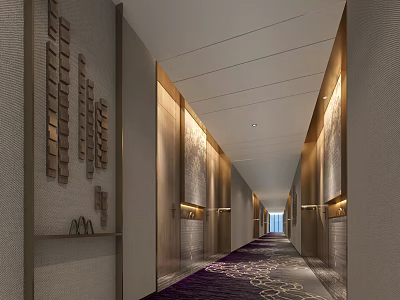 Hotel Corridor Interior Design With Modern Wall Decor Recessed Lighting And Patterned Carpet 3d model