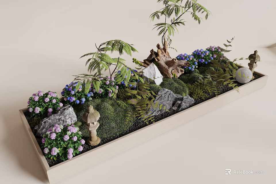 Indoor Landscape Decor With Green Plants Purple Blue Flowers Rocks Wooden Elements And Statues 3d model 