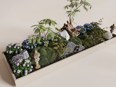 Indoor Landscape Decor With Green Plants Purple Blue Flowers Rocks Wooden Elements And Statues 3d model