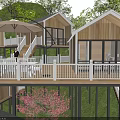 Wooden Guesthouse Buildings With Balconies Amid Cherry Blossom Trees And Green Lawn