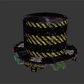 Black Cylindrical Commercial Equipment With Yellow Diagonal Stripes And Warning Signs On Circular Base