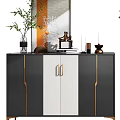 Modern Entryway Side Cabinet With Black White Gold Accents And Decorative Ornaments