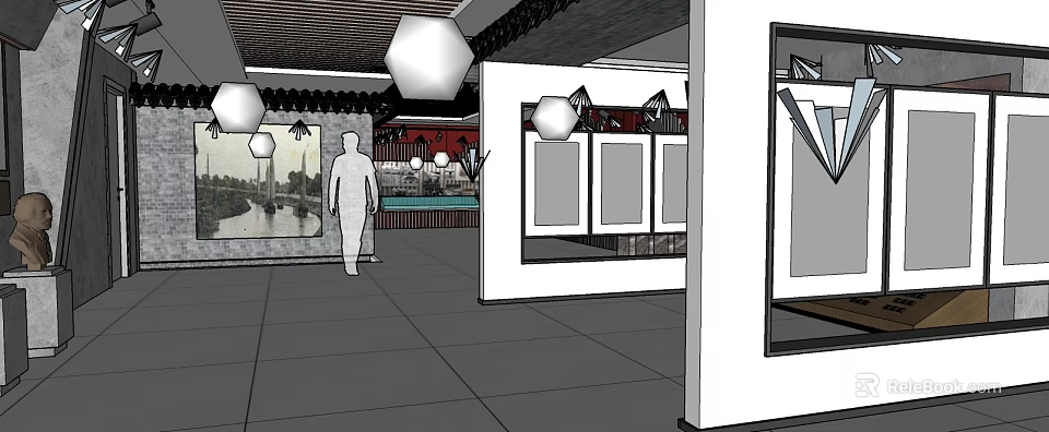 Indoor Exhibition Space with Display Cases Silhouette Figure Hanging Lights and Decorative Paintings 3d model 