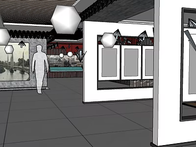 Indoor Exhibition Space with Display Cases Silhouette Figure Hanging Lights and Decorative Paintings 3d model
