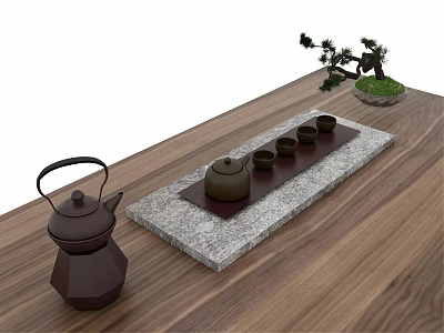 Traditional Tea Set With Teapot Cups On Stone Tray Wooden Table And Small Potted Plant 3d model