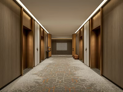 Modern Elevator Corridor Design With Wall Panels Patterned Carpet And Ceiling Lighting 3d model