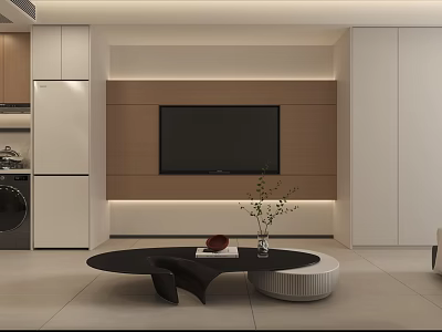 Modern Living Dining Area Interior Design With TV Wall Coffee Table Sofa And Soft Lighting 3d model