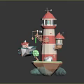 Cartoon Scene With Red And White Lighthouse Small Boat And Green Island