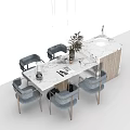 Modern Dining Table Set With Marble Countertop Wooden Cabinet Grey Chairs And Decorative Plants