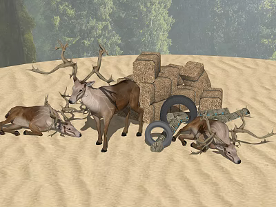 Garden Ornamental Deer Sculptures With Antlers Stone Piles And Metal Rings Decor 3d model