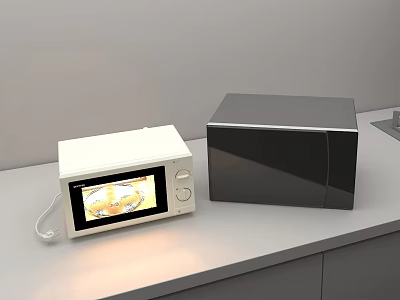 Stylish Modern Kitchen Countertop With White And Black Microwave Appliances 3d model