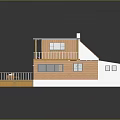 Cartoon Style Two Story House With Blue Red Roofs White Balcony Railing And Brown Walls