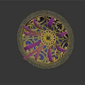 Intricate Circular Architectural Decoration with Purple Petal Patterns Gear Center and Gray Frame