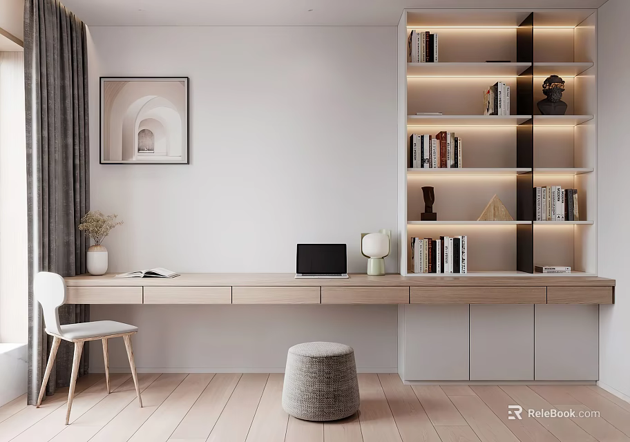 Minimalist Home Office Interior With White Walls Wooden Desk Laptop Chair Bookshelves And Wooden Flooring 3d model 