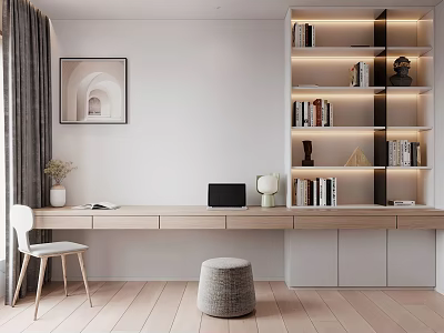 Minimalist Home Office Interior With White Walls Wooden Desk Laptop Chair Bookshelves And Wooden Flooring 3d model