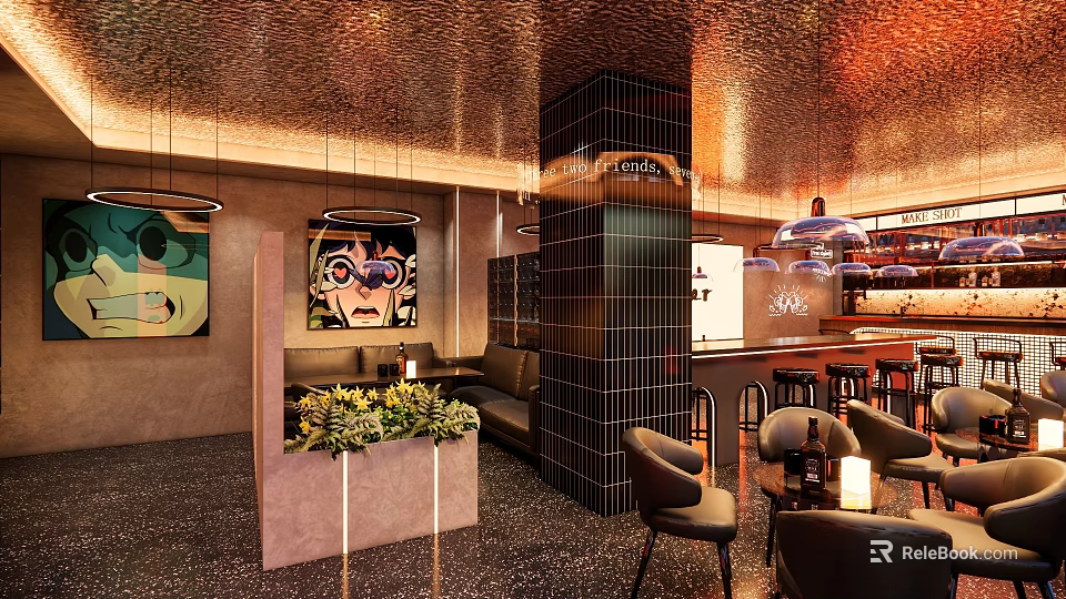 Contemporary Bar Interior Design With Stylish Counter Seating Artwork And Green Plants 3d model 