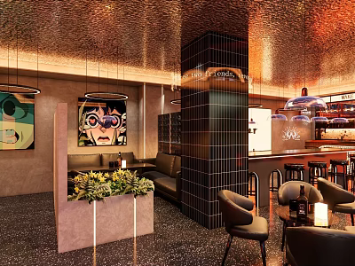 Contemporary Bar Interior Design With Stylish Counter Seating Artwork And Green Plants 3d model