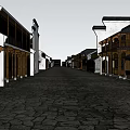 Traditional Commercial Street Featuring Stone Paved Road Wooden Architecture And Two Story Buildings