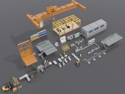 Various Industrial Equipment With Overhead Crane Yellow Frame Control Panels Piping Systems And Mechanical Arms 3d model
