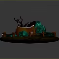 Cartoon Scene with Green Emeralds Brown Tree Stump and Fence Pink Tent and Orange Pebbles