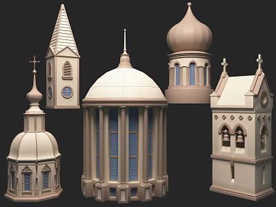 Beige Brown Architectural Building Components With Dome Steeple Bell Tower Windows and Cross 3d model