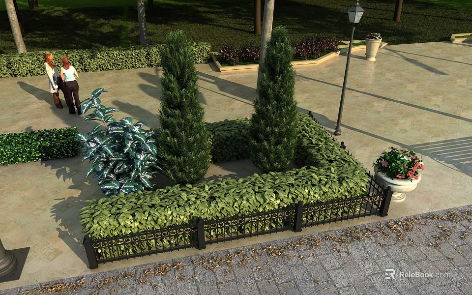 Elegant Garden Landscape Featuring Trimmed Hedges Trees Wrought Iron Fence And Pathway 3d model 