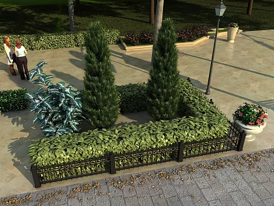 Elegant Garden Landscape Featuring Trimmed Hedges Trees Wrought Iron Fence And Pathway 3d model