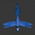 Blue Parrot Flying With Spread Wings Crown Like Decoration Pink Beak White Eyes Gray Background