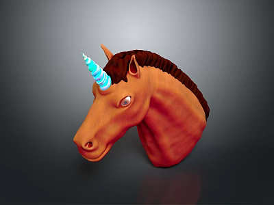3D Rendered Unicorn Head With Brown Mane And Blue White Spiral Horn 3d model