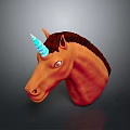 3D Rendered Unicorn Head With Brown Mane And Blue White Spiral Horn