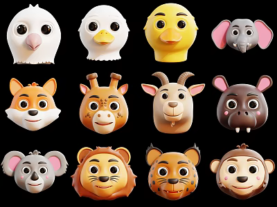 cartoon animal avatar dove duck elephant fox giraffe goat hippo koala lion monkey 3d model