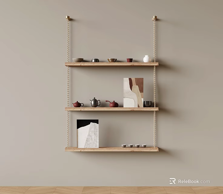 Wooden Wall Shelves With Three Tiers Teapots Teacups Decorations And Books On Beige Wall 3d model 