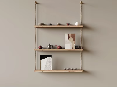 Wooden Wall Shelves With Three Tiers Teapots Teacups Decorations And Books On Beige Wall 3d model