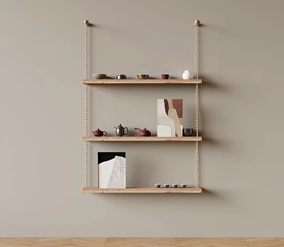 Wooden Wall Shelves With Three Tiers Teapots Teacups Decorations And Books On Beige Wall 3d model
