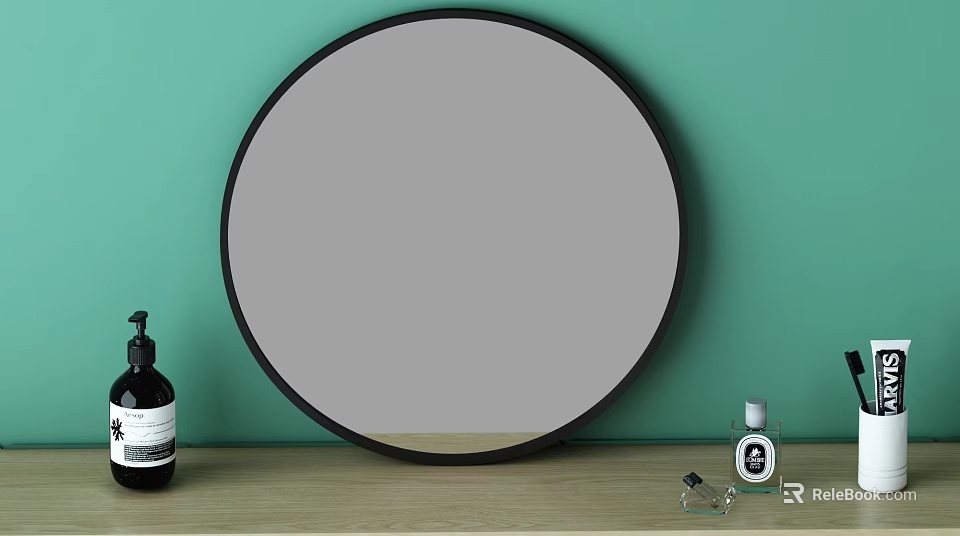 Round Black Framed Mirror on Green Wall with Wooden Shelf and Decorative Bottles 3d model 