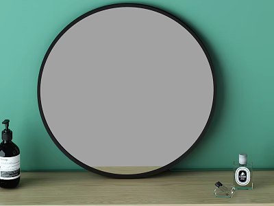 Round Black Framed Mirror on Green Wall with Wooden Shelf and Decorative Bottles 3d model