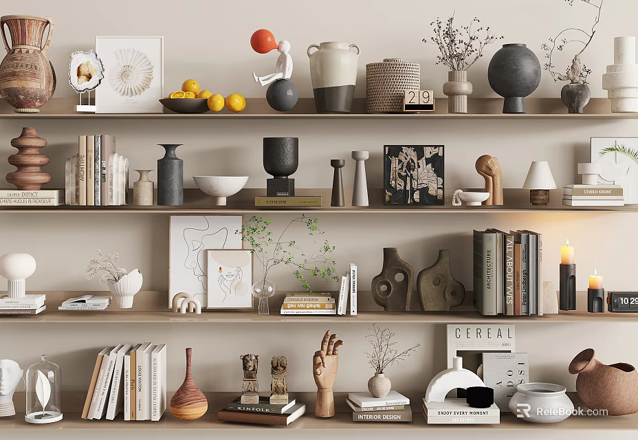 Modern Decorative Ornament Combinations On Layered Shelves With Vases Sculptures Books Framed Art And Lemons 3d model 