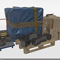 Industrial Equipment With Batteries On Wooden Pallet Hand Truck Cardboard Boxes And Blue Covered Package