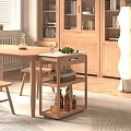 Wooden Coffee Table With Shelves Green Fruits Books Clock And Basket Of Bottles