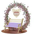 Romantic Photo Check In Spot With Pink White Flower Arch And Golden Bench