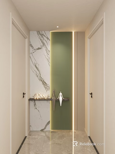 Modern Entryway Hallway Interior With Marble Wall Green Ribbed Panel Decorative Shelf And Ornaments 3d model 