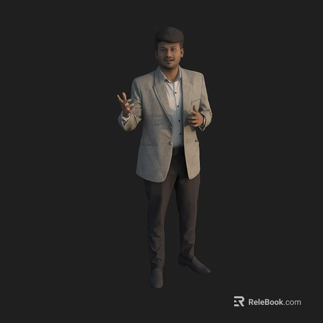 Man In Light Gray Blazer White Shirt Dark Pants Standing Gesturing With Hands Black Background 3d model 